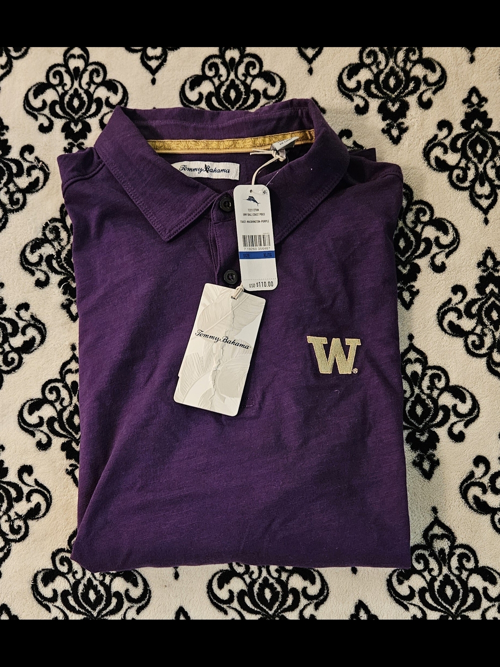 Tommy Bahama Men's Purple and Gold UW Polo Shirt